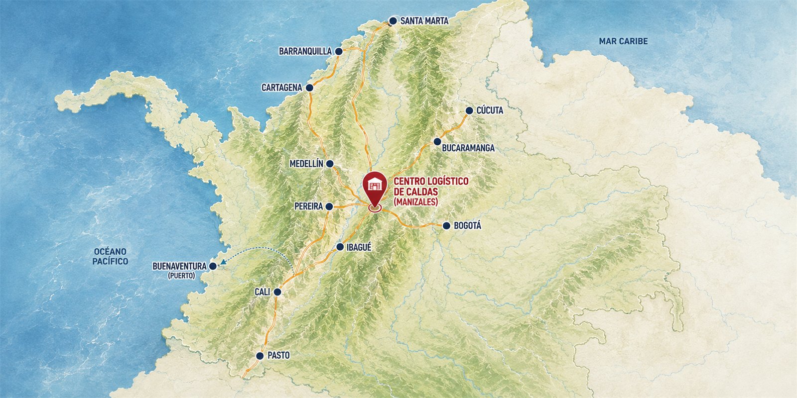 Mapa de Colombia con la ubicación del Centro Logístico de Caldas en Manizales y sus rutas a las principales ciudades y puertos